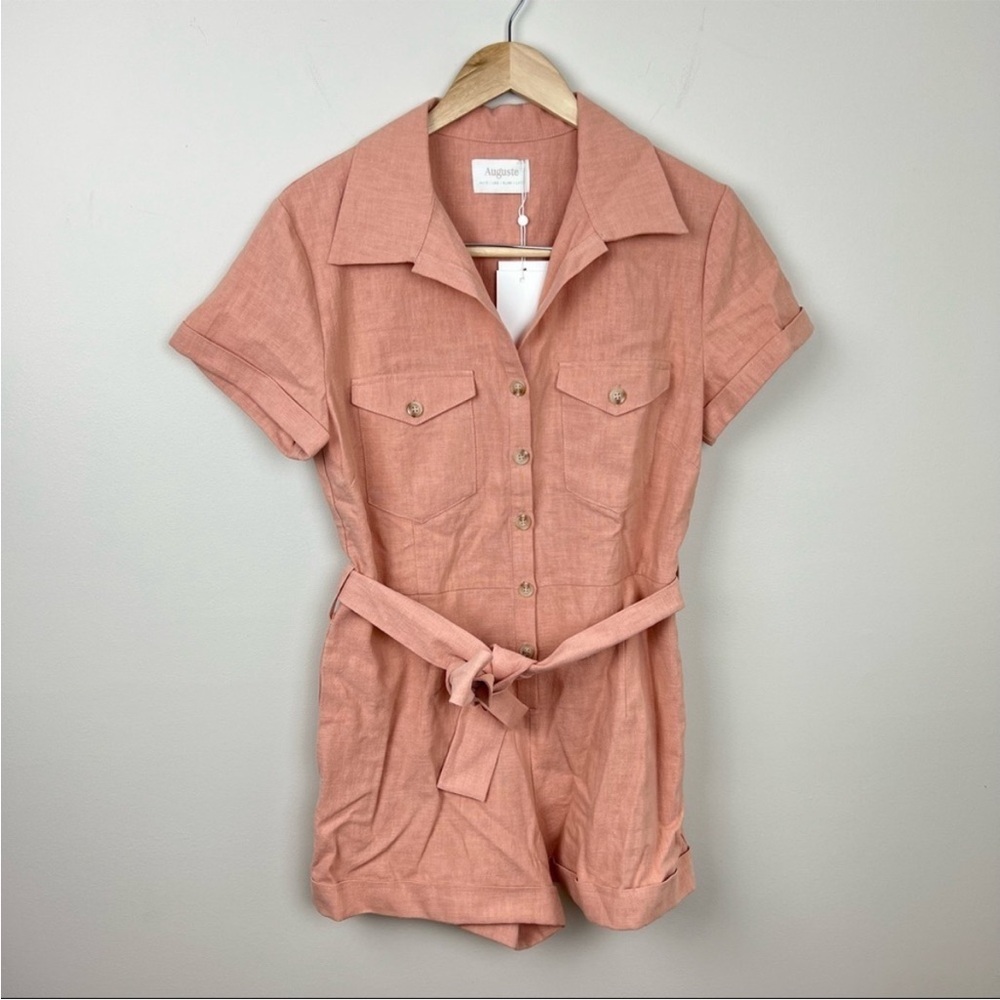 AUGUSTE The Label Patty Playsuit Blush Pink Tie Waist Linen Romper
